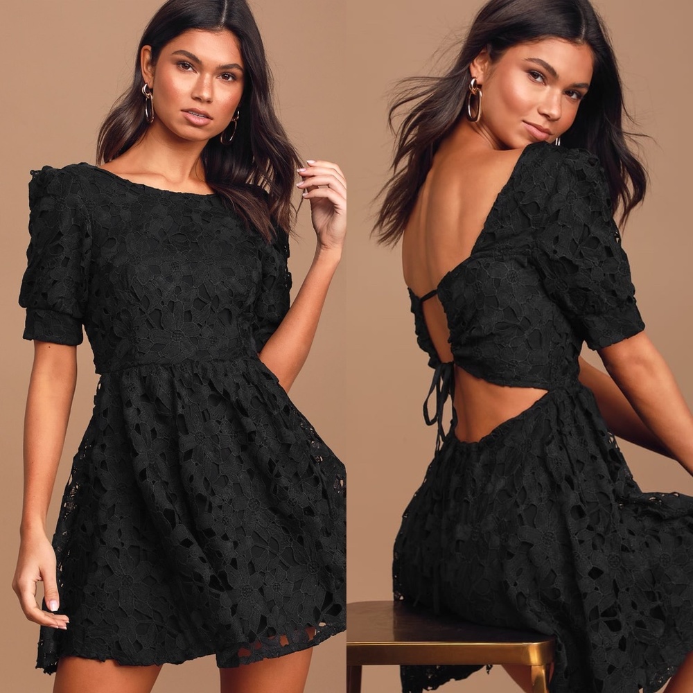 NEW LULUS For a Moment BLACK Crochet LACE Cutout Back MINI Skater COCKTAIL DRESS - Picture 3 of 5